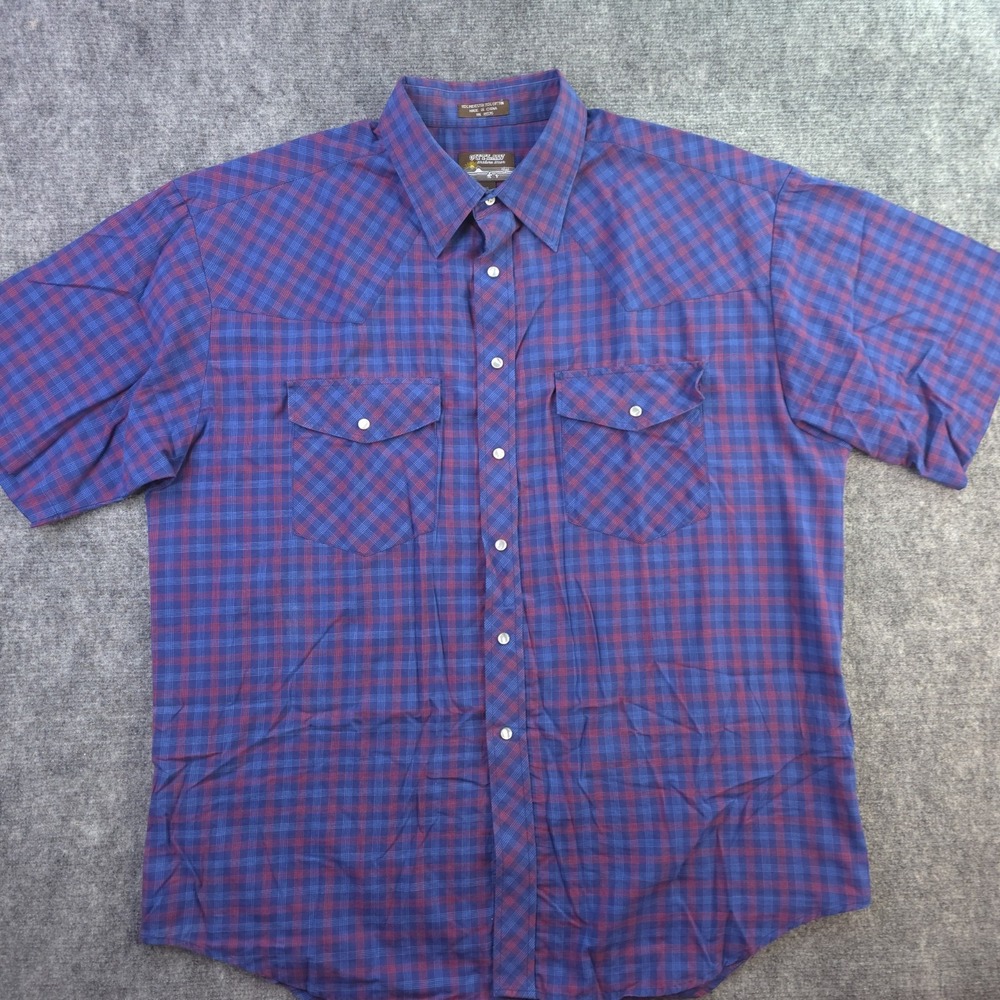 Outlaw Western Wear Pearl Snap Shirt XL Blue Check Short Sleeve Pockets